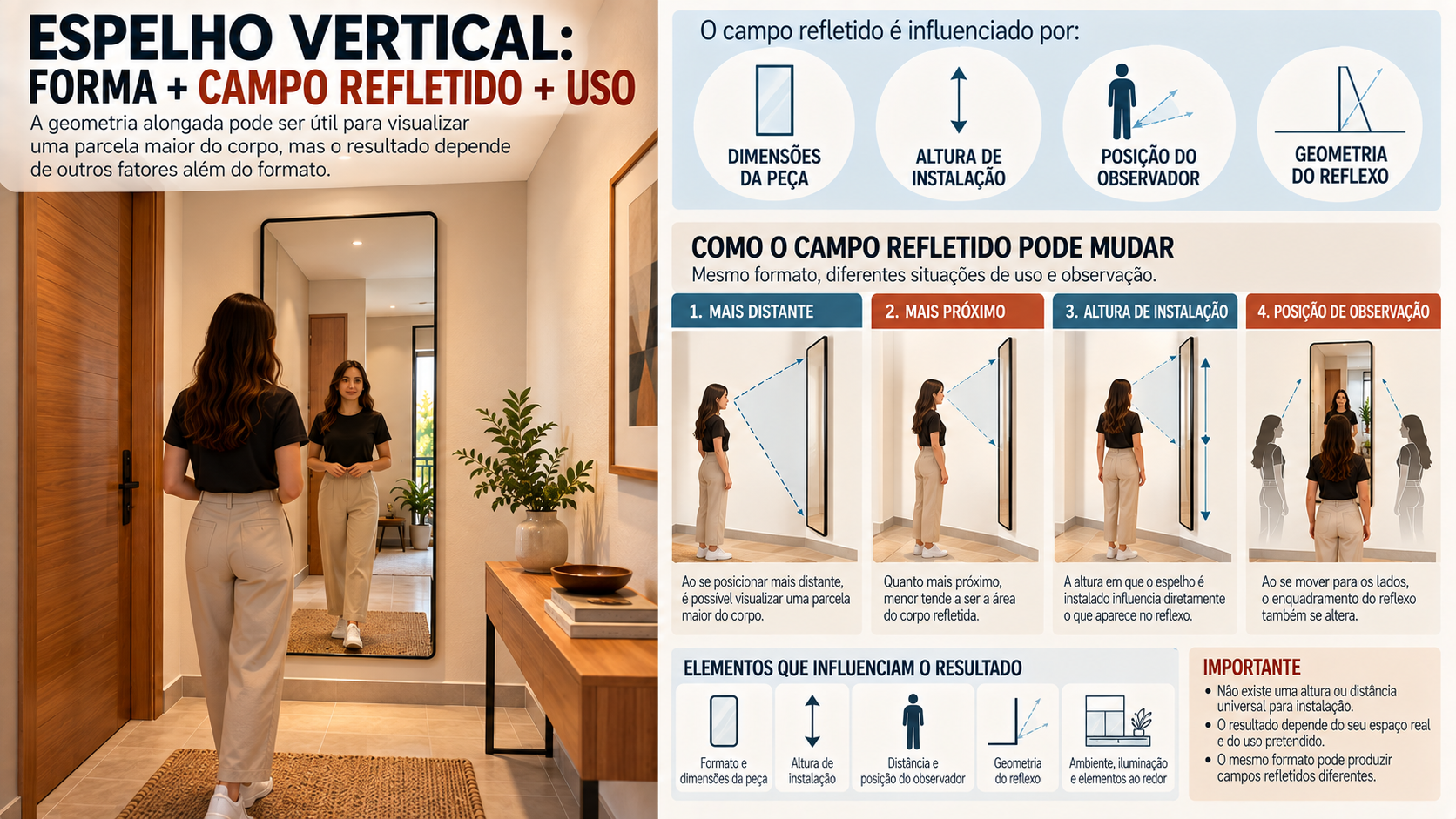 Espelho Decorativo para Hall de Entrada: Tipos, Formatos e Molduras 4 Espelho vertical em hall de entrada com diagrama mostrando geometria, observador e campo refletido