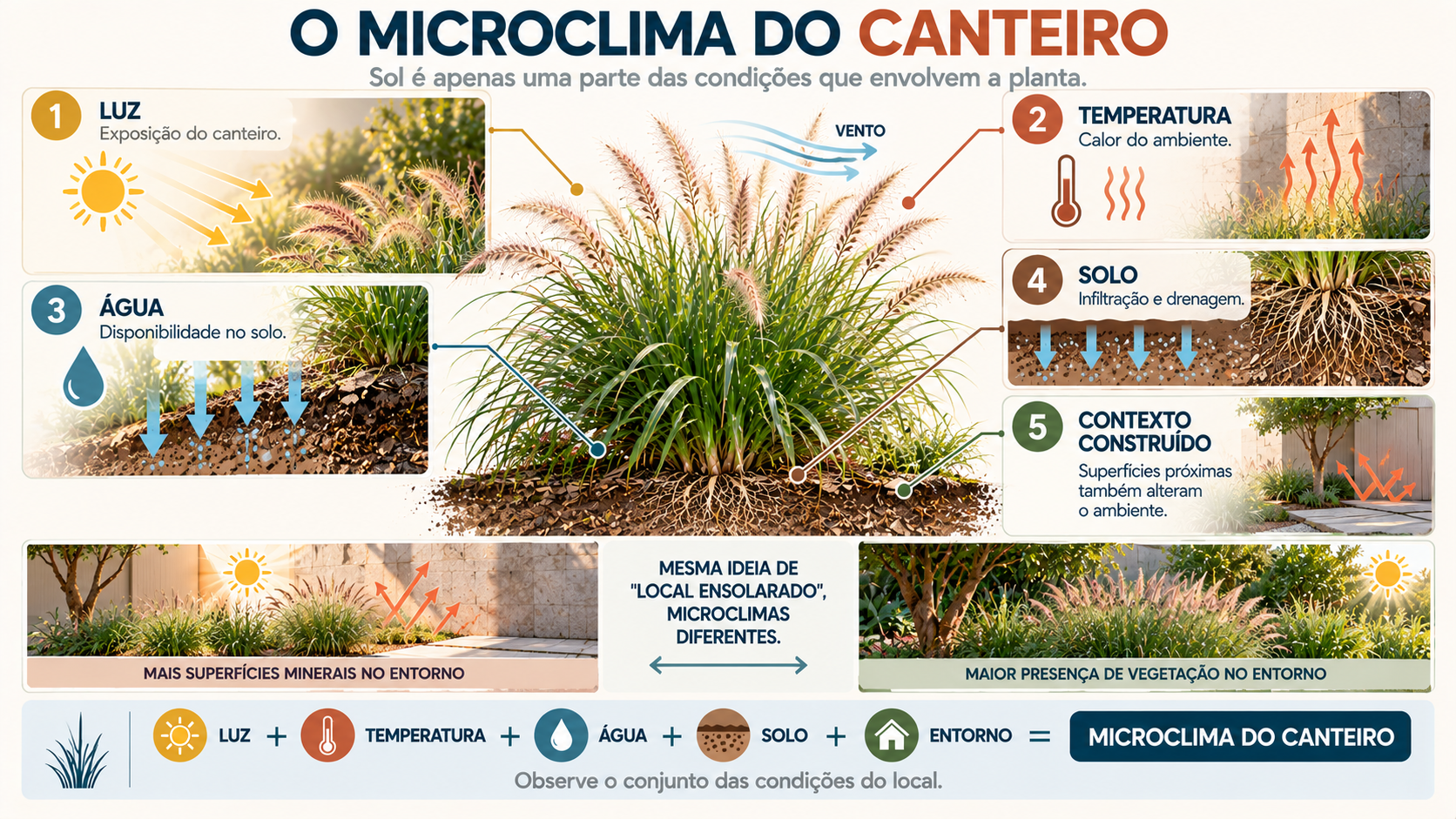 Infográfico sobre luz, água, solo, temperatura e microclima no cultivo do capim-do-Texas