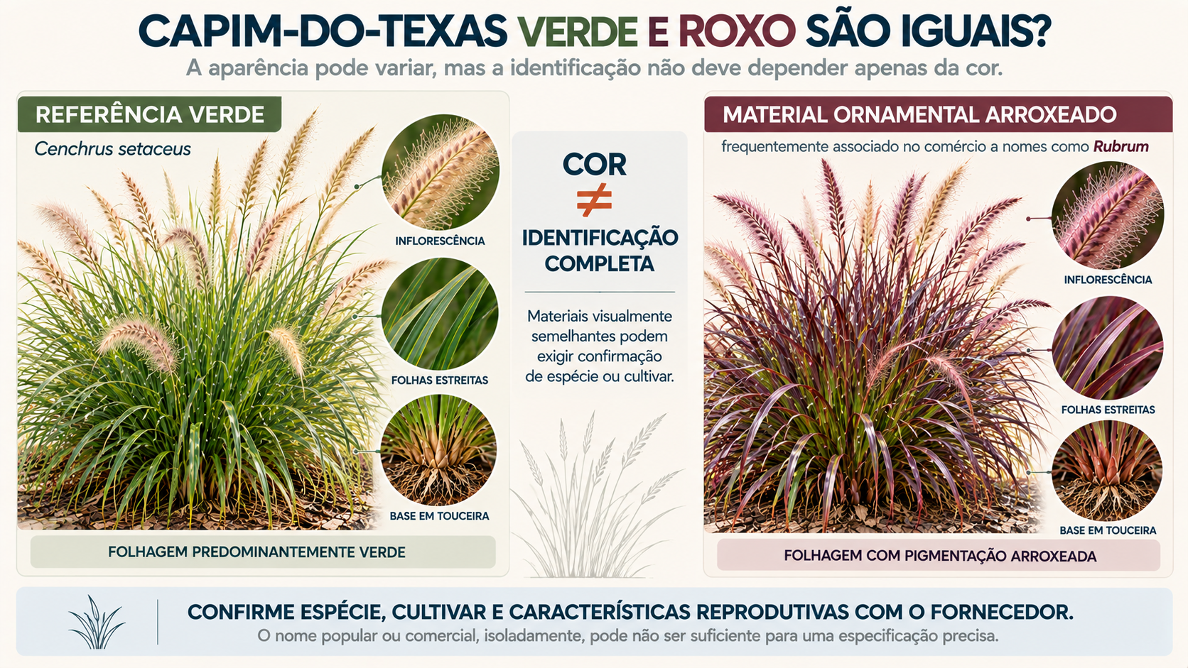 Comparação entre capim-do-Texas verde e material ornamental arroxeado comercializado como Rubrum