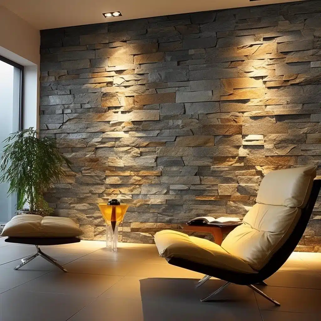 Revestimento de pedra cinza com iluminação dirigida Parede revestida com peças de pedra cinza em relevo e iluminação dirigida