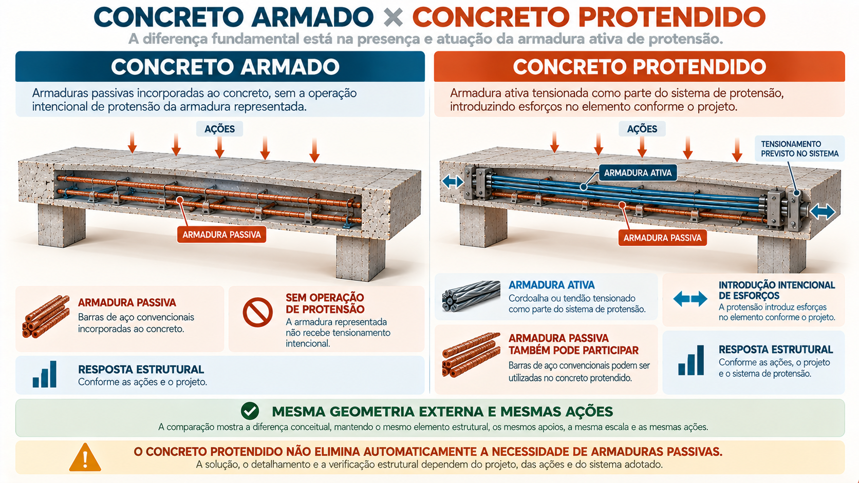 Comparação conceitual entre concreto armado e concreto protendido mostrando armadura passiva e armadura ativa de protensão