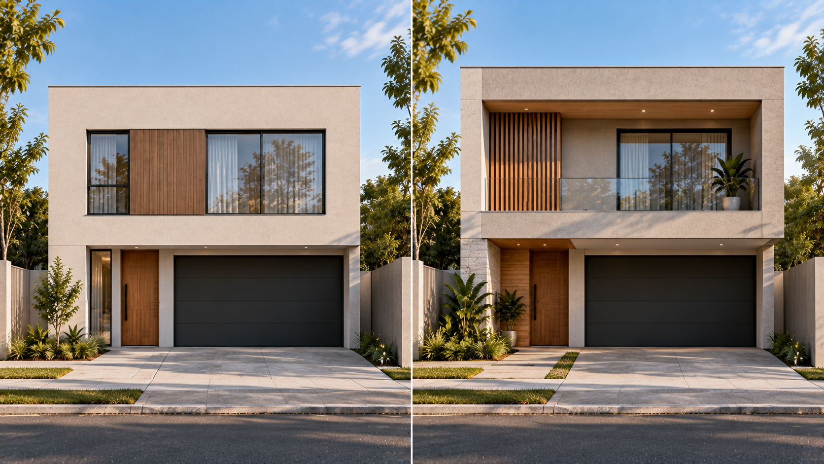Casa caixote: o que é, vantagens, problemas e como projetar melhor 3 Comparação de fachada caixote plana e fachada com profundidade e sombra