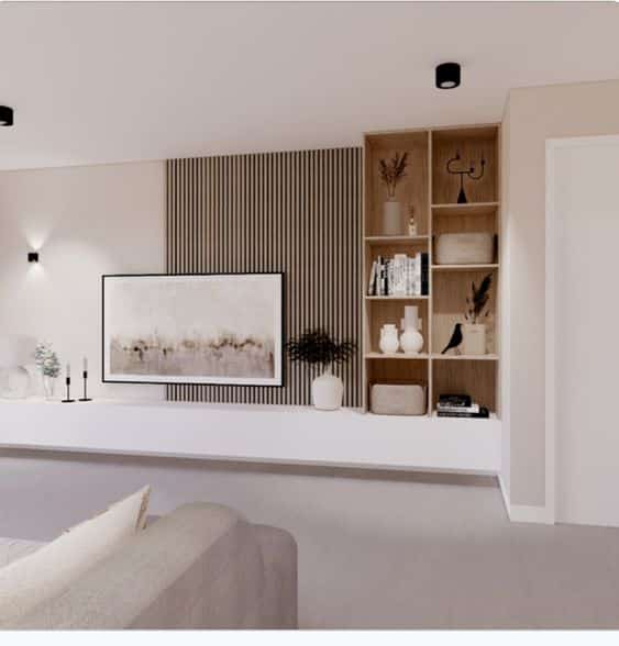 Inspire-se com mais de 40 Ideias de Decoração para Sala de TV 11 12. As tendências também podem ser associadas, como nesse caso onde vemos uma estante ligada ao painel ripado, juntando duas ideias que estão muito em alta.