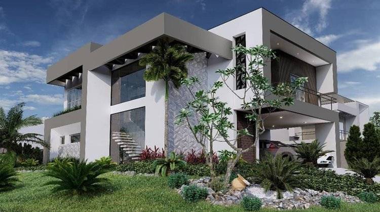 7 Vantagens de Ter uma Casa Caixote e 30 ideias para se inspirar! 13 Casa com telhado embutido e detalhes em gesso em tons de cinza e branco.