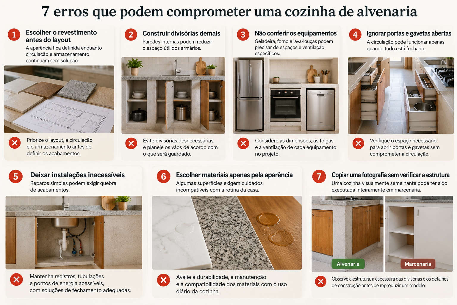 Infográfico com sete erros em cozinhas de alvenaria, incluindo layout mal planejado, divisórias excessivas, equipamentos sem folgas, circulação bloqueada, instalações inacessíveis e materiais inadequados.