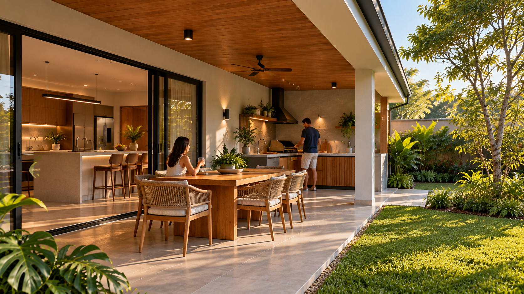 Alpendre integrado à área gourmet Alpendre integrado à cozinha e área gourmet com bancada, mesa e jardim