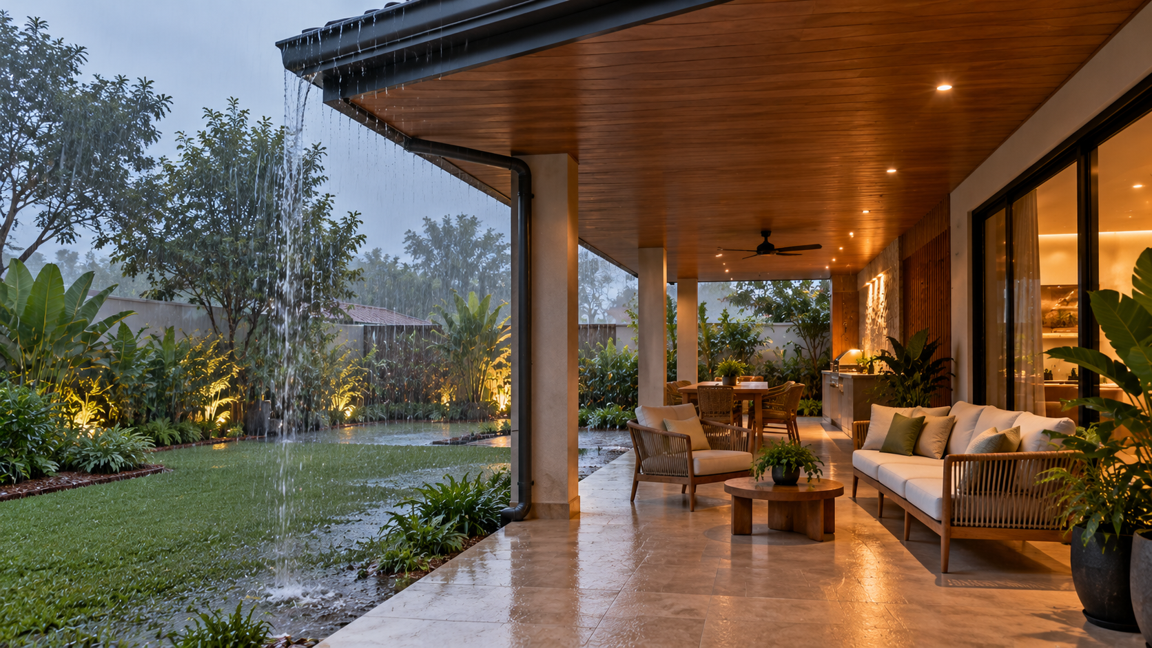Alpendre e drenagem da água da chuva Alpendre residencial durante chuva mostrando proteção, calha e condução da água