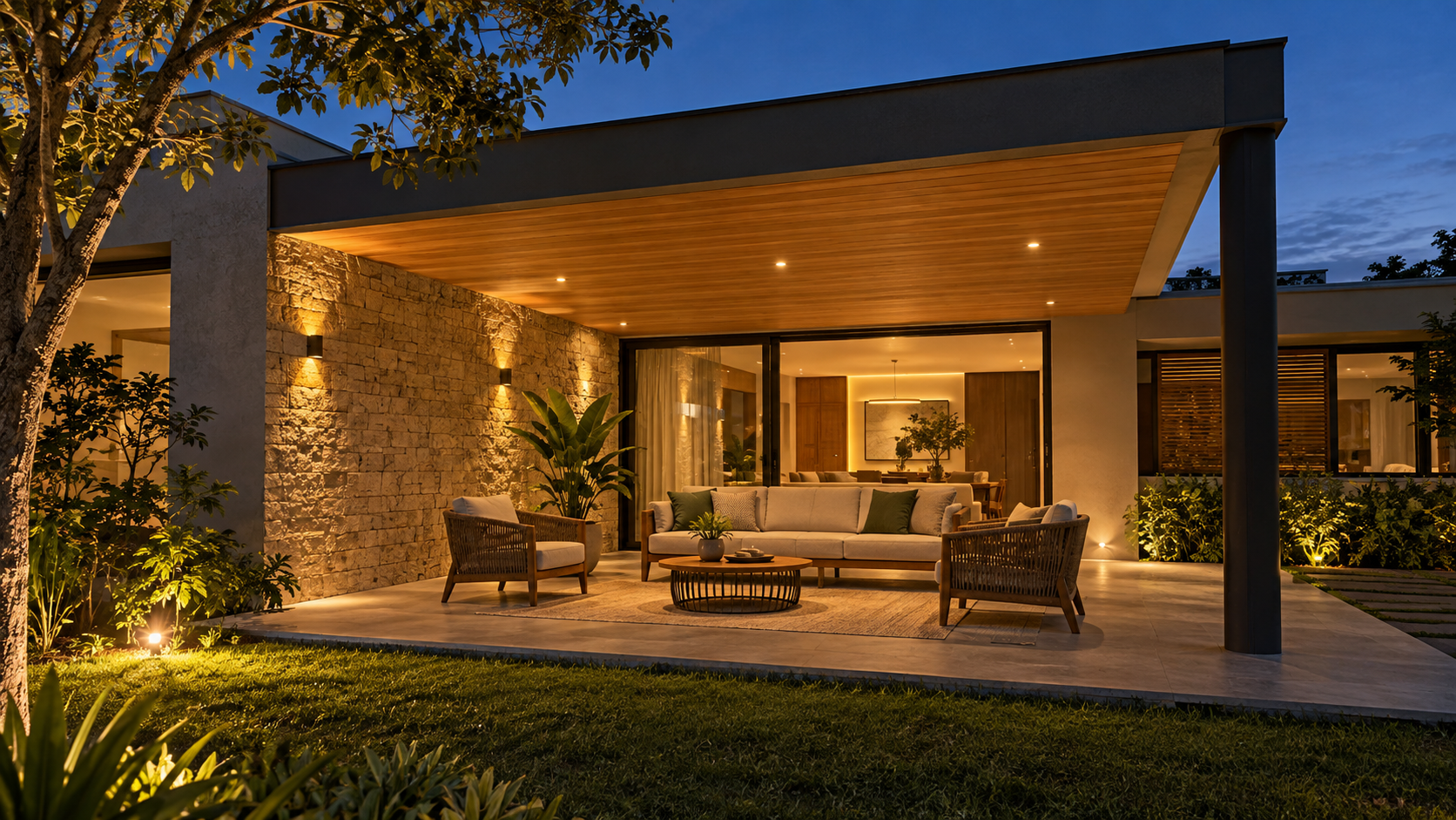 Iluminação noturna para alpendre Alpendre residencial iluminado à noite com iluminação de teto, parede e jardim