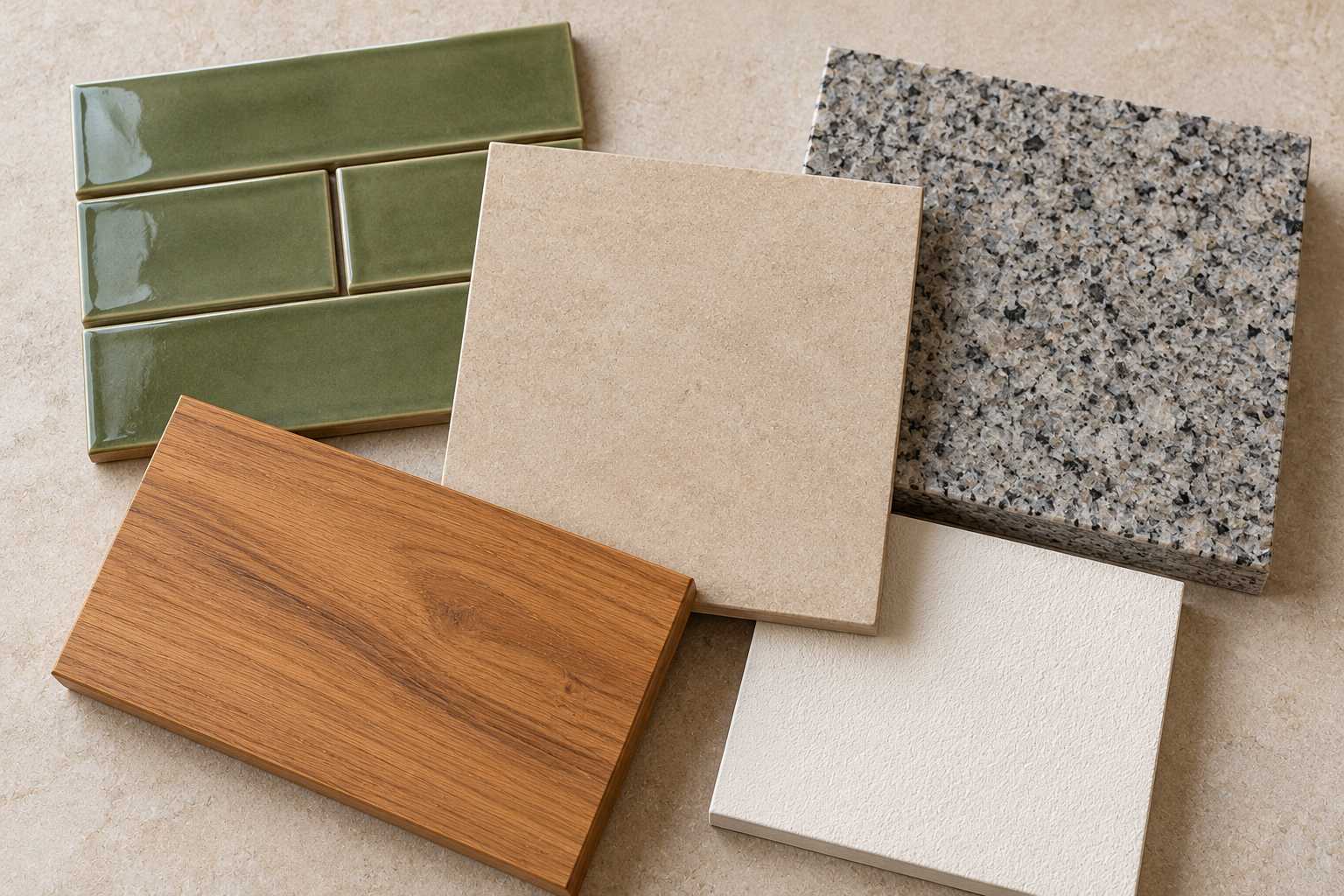 Moodboard com amostras de cerâmica verde-oliva, porcelanato areia, madeira freijó, granito cinza e revestimento mineral claro para cozinha de alvenaria.