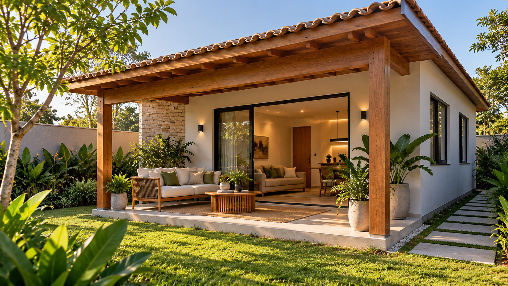 Casas com alpendre: 20 ideias e o que observar antes de construir 2 Casa compacta com alpendre integrado à sala e ao jardim