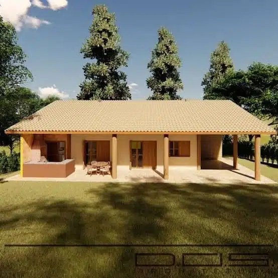 10 Ideias de Casas com Alpendre para se Inspirar e Construir a Sua 2 Extensão da casa com alpendre vista de outro ângulo, mostrando como a estrutura é destacada da casa.