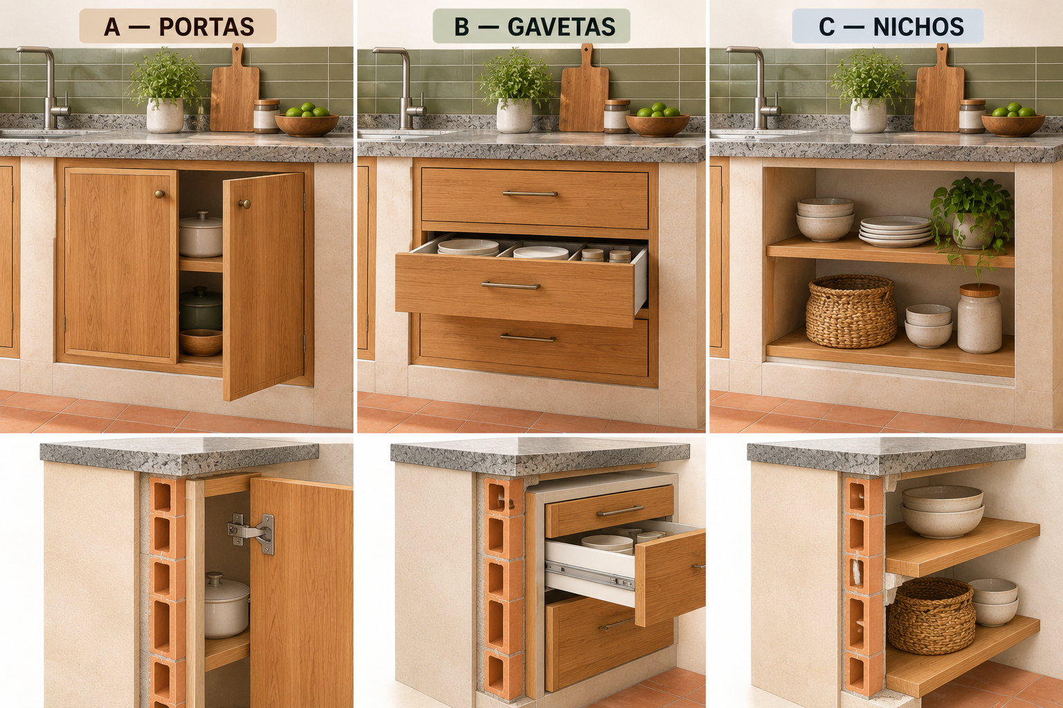 Elevação comparativa de três módulos de cozinha de alvenaria: um com portas de madeira, outro com gavetas e outro com nichos abertos.