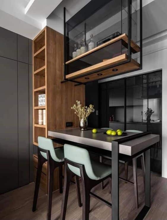 12 Ideias para Cozinha com Copa Integrada que Você Vai Amar 20 Modelos de prateleiras suspensas aproveitados no dia a dia.