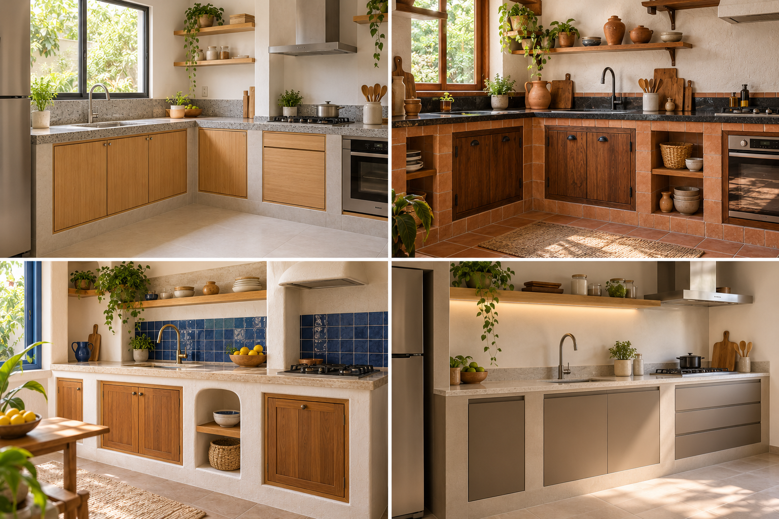 Comparação de quatro estilos de cozinha de alvenaria: moderna com madeira clara, rústica com terracota, mediterrânea com azulejos azuis e minimalista em tons neutros.
