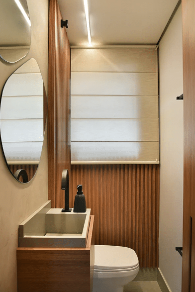 5 Dicas para Decorar Lavabo Pequeno com Estilo 2 Móvel para lavabo pequeno adequado, projeto da arquiteta Marina Salomão.