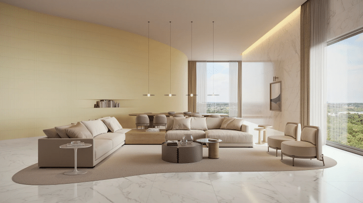 8 ideias Lindas para Decorar sua Sala com Sofá Bege 2 Combine a sofisticação do porcelanato marmorizado com a versatilidade do sofá bege para um ambiente elegante e acolhedor – Foto: Portinari.