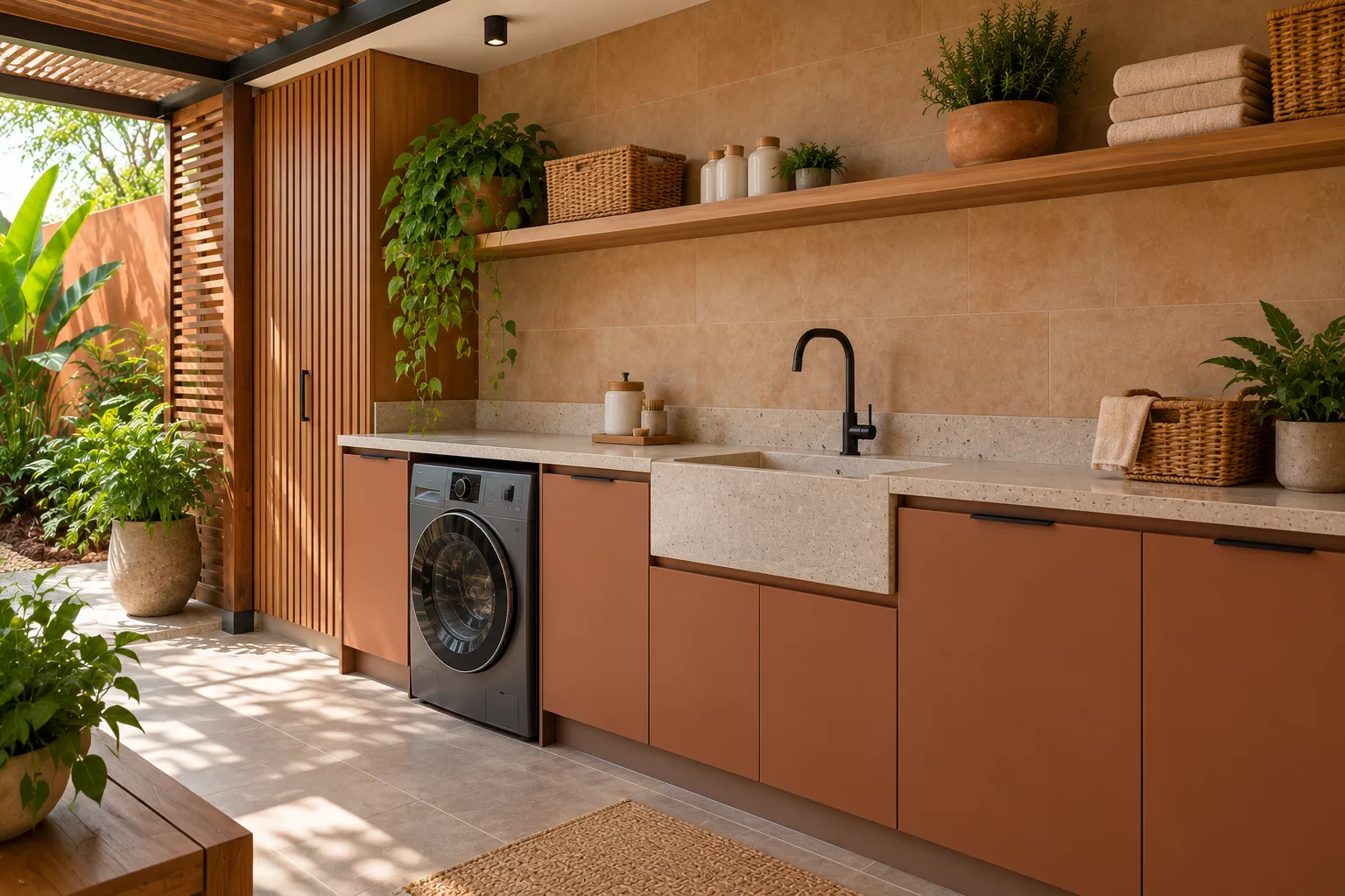 Área de serviço externa: 8 situações e como melhorar o visual 7 Lavanderia externa coberta em estilo rústico contemporâneo, com armários terracota, bancada mineral, tanque e máquina de lavar grafite.