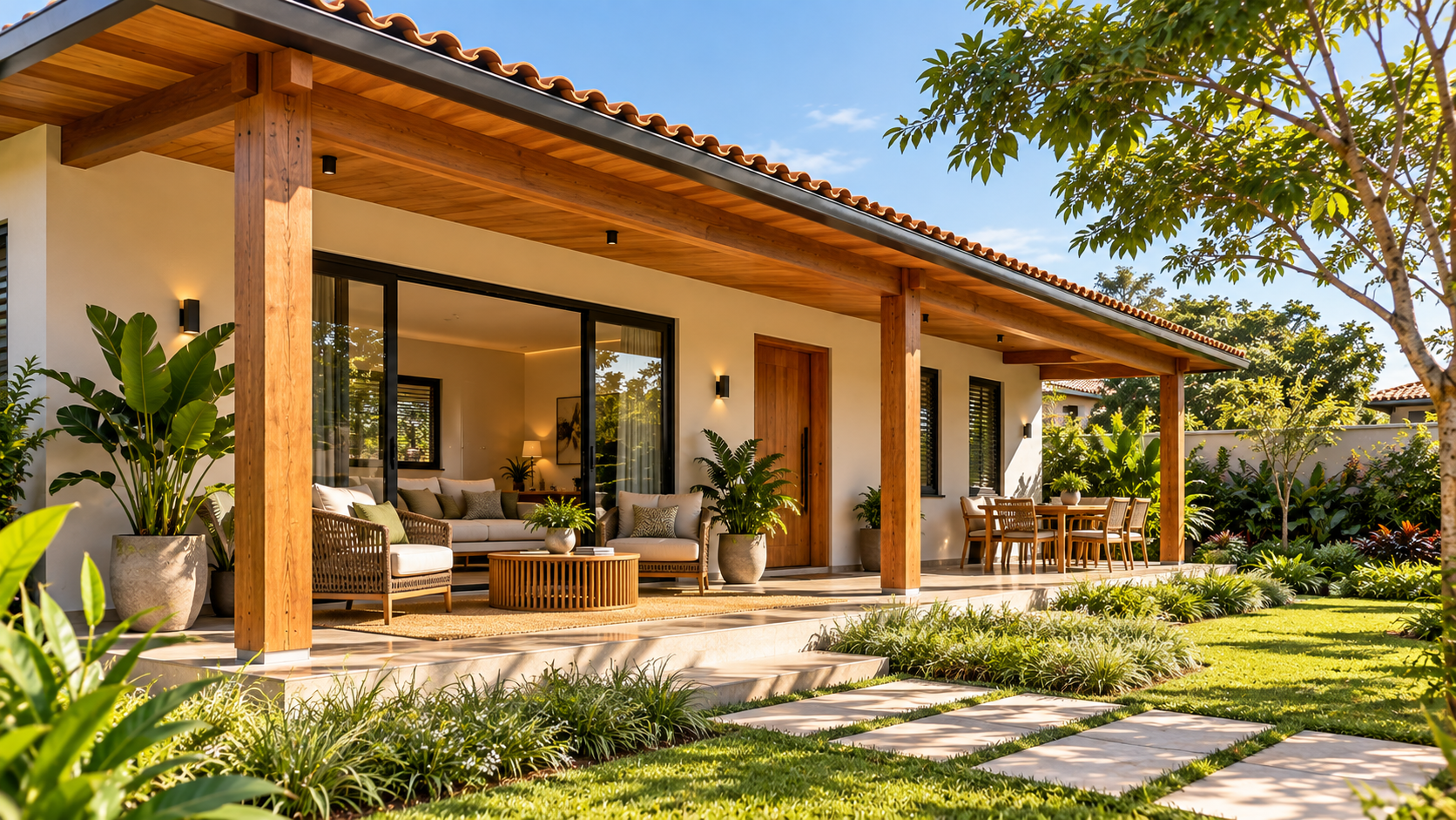 Casas com alpendre: 20 ideias e o que observar antes de construir 1 Casa térrea contemporânea com alpendre coberto integrado ao jardim