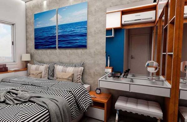 5 Ideias para Quarto de Casal Planejado 9 A penteadeira na lateral do cômodo interage bem com o espaço.