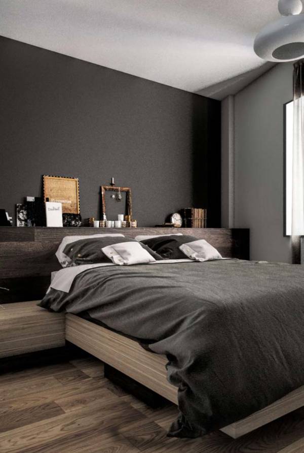 5 Ideias para Quarto de Casal Planejado 15 A combinação de tons de madeira com o cinza escuro deixa o quarto do casal mais maduro.