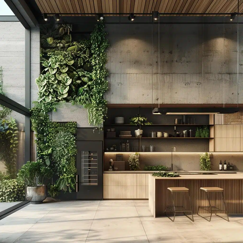 Materiais naturais e biofilia entre as tendências de interiores Cozinha contemporânea com madeira, jardim vertical, concreto e plantas