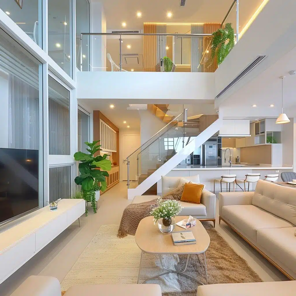 Interior claro com integração e materiais naturais Sala ampla e integrada com decoração clara, plantas e madeira