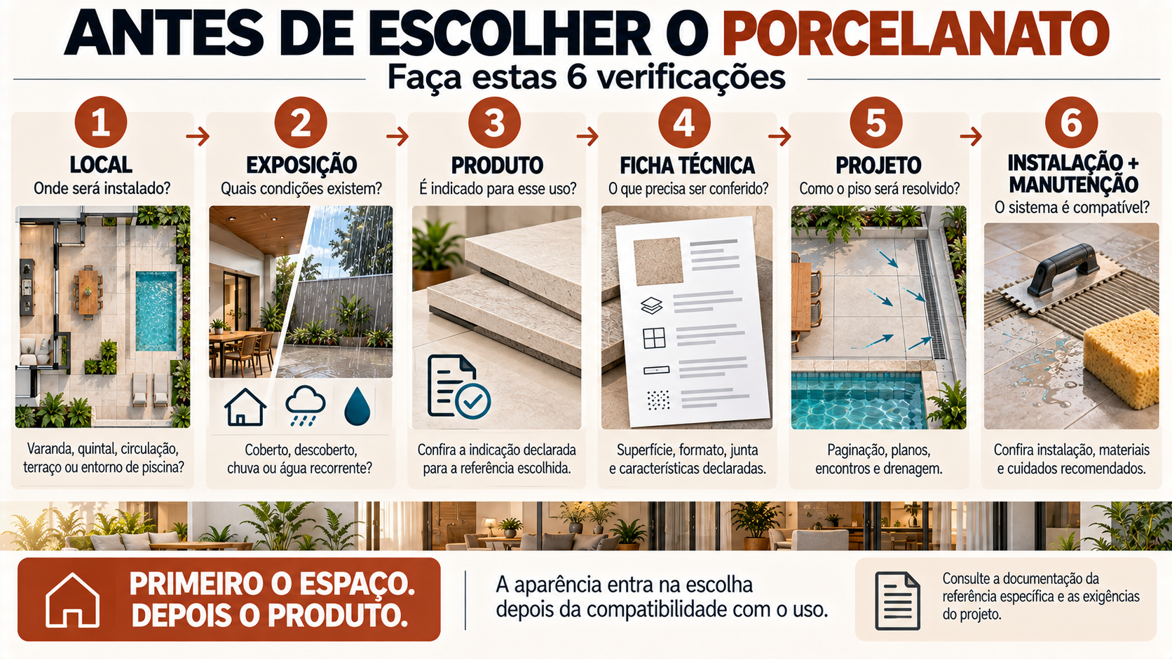 Porcelanato para Área Externa: Como Escolher para Quintal, Varanda e Piscina 10 Checklist em seis etapas para escolher porcelanato para área externa considerando local, água, ficha técnica, projeto e instalação