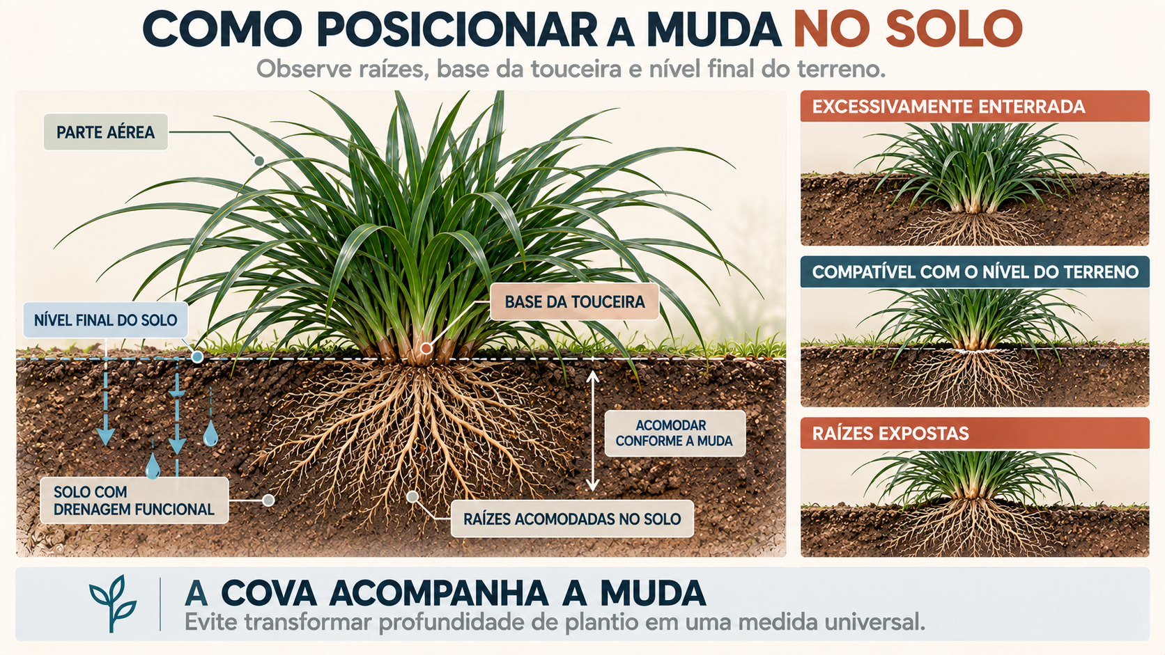 Grama Preta: Como Cultivar e Valorizar Seu Espaço Verde 5 Corte técnico mostrando plantio de grama-preta com raízes acomodadas e relação com o nível do solo