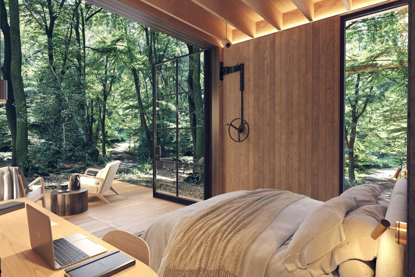 Cabines personalizáveis transformam retiros de bem-estar na natureza. 3 Interior da cabana Shelter, que oferece quartos estilos hotel, projetada para conforto e bem-estar.