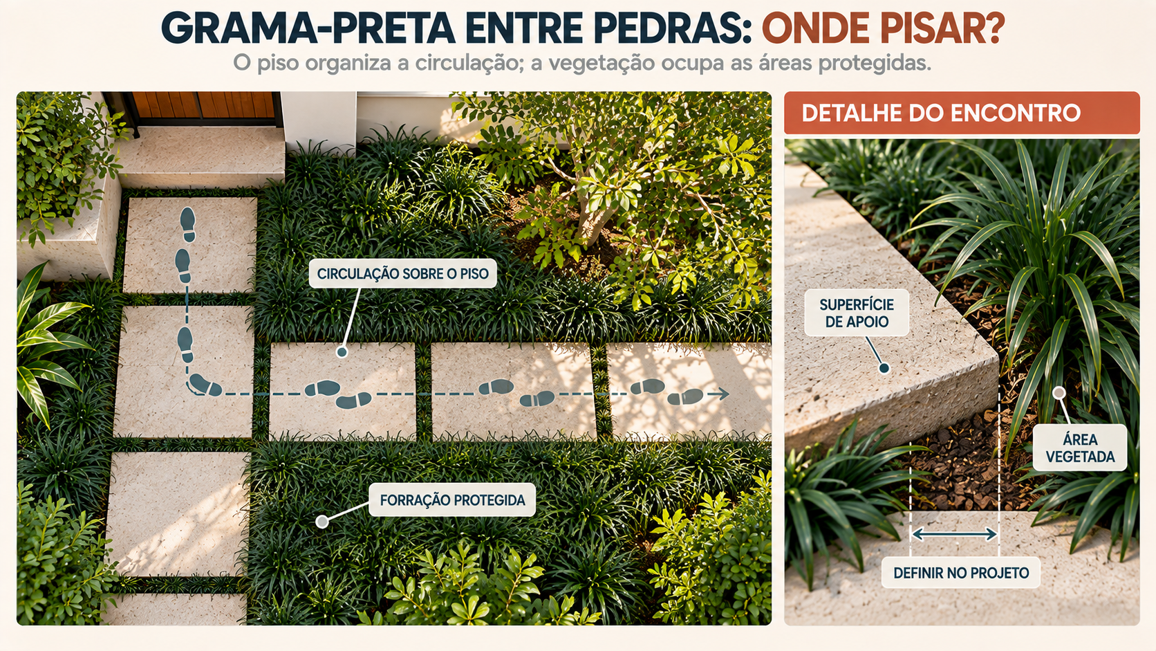 Grama Preta: Como Cultivar e Valorizar Seu Espaço Verde 4 Desenho técnico de caminho com placas de piso e grama-preta protegida do pisoteio frequente