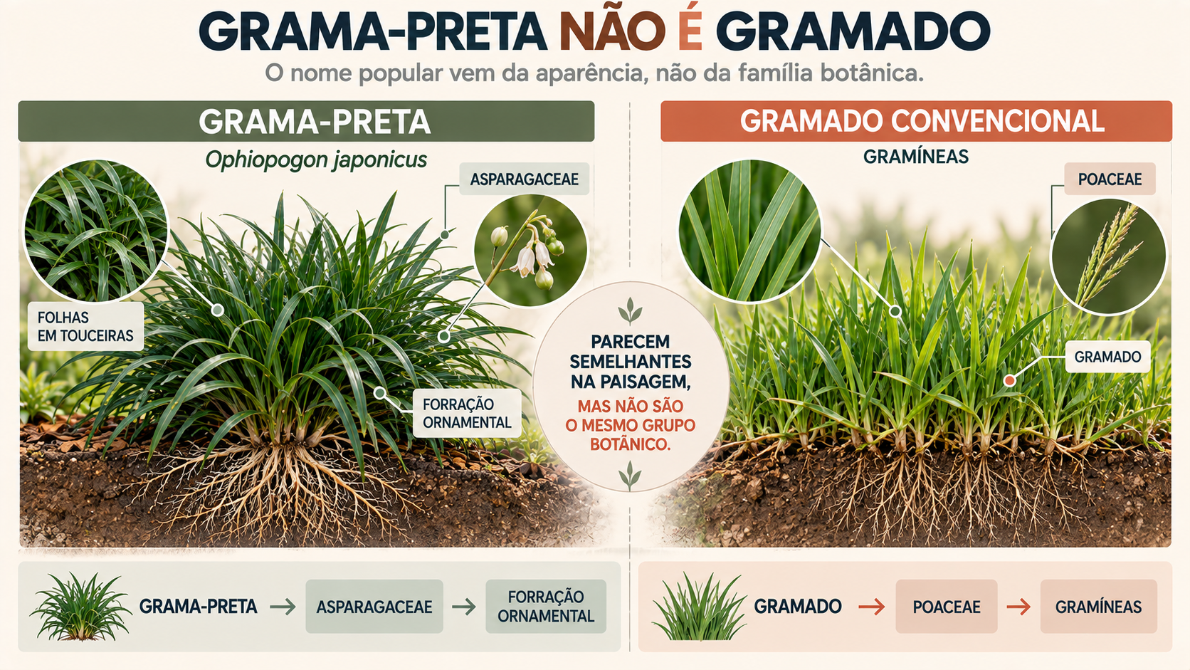 Grama Preta: Como Cultivar e Valorizar Seu Espaço Verde 1 Comparação botânica entre grama-preta Ophiopogon japonicus e gramíneas de gramado