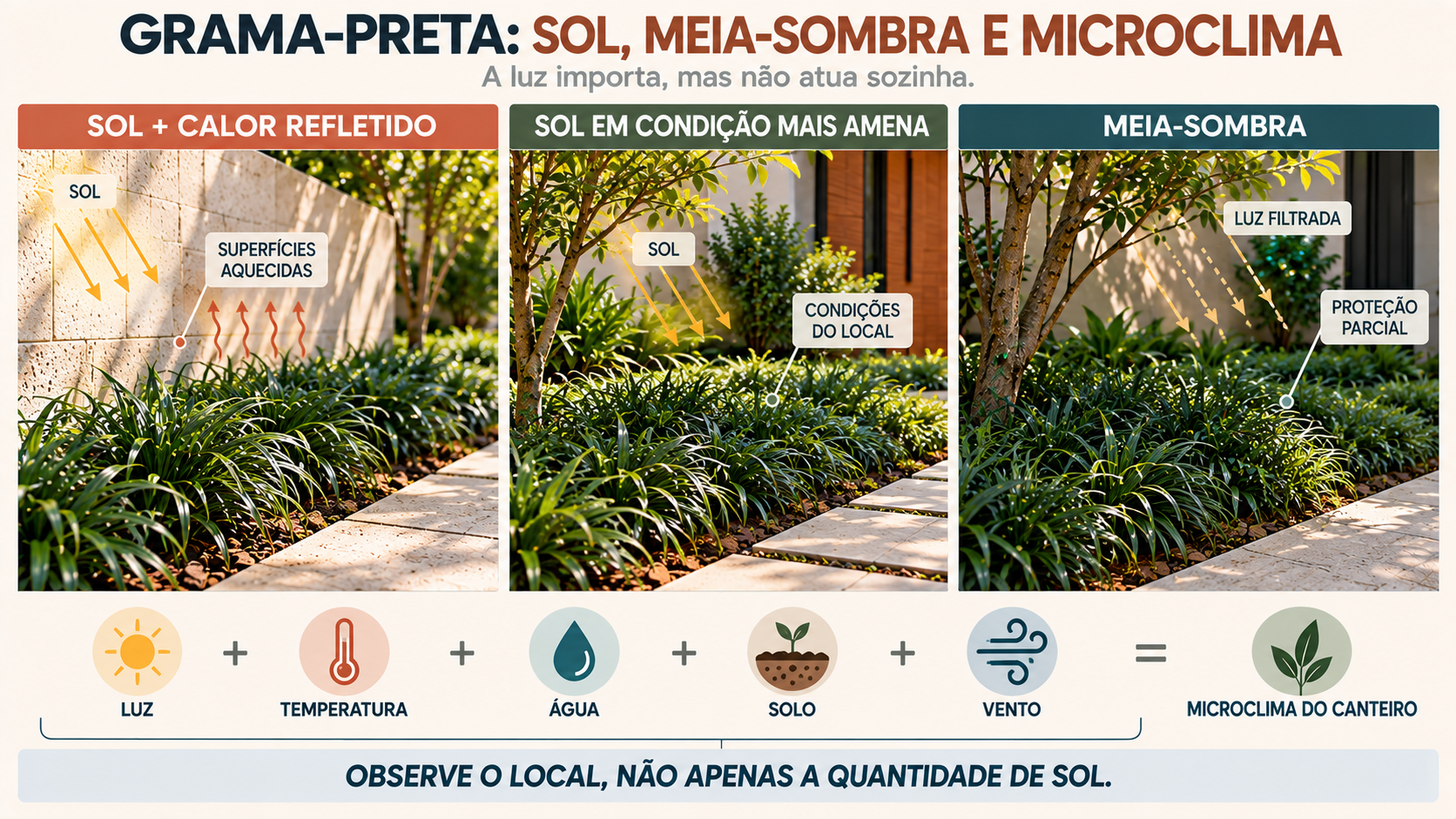 Grama Preta: Como Cultivar e Valorizar Seu Espaço Verde 3 Infográfico sobre sol, meia-sombra e microclima no cultivo da grama-preta