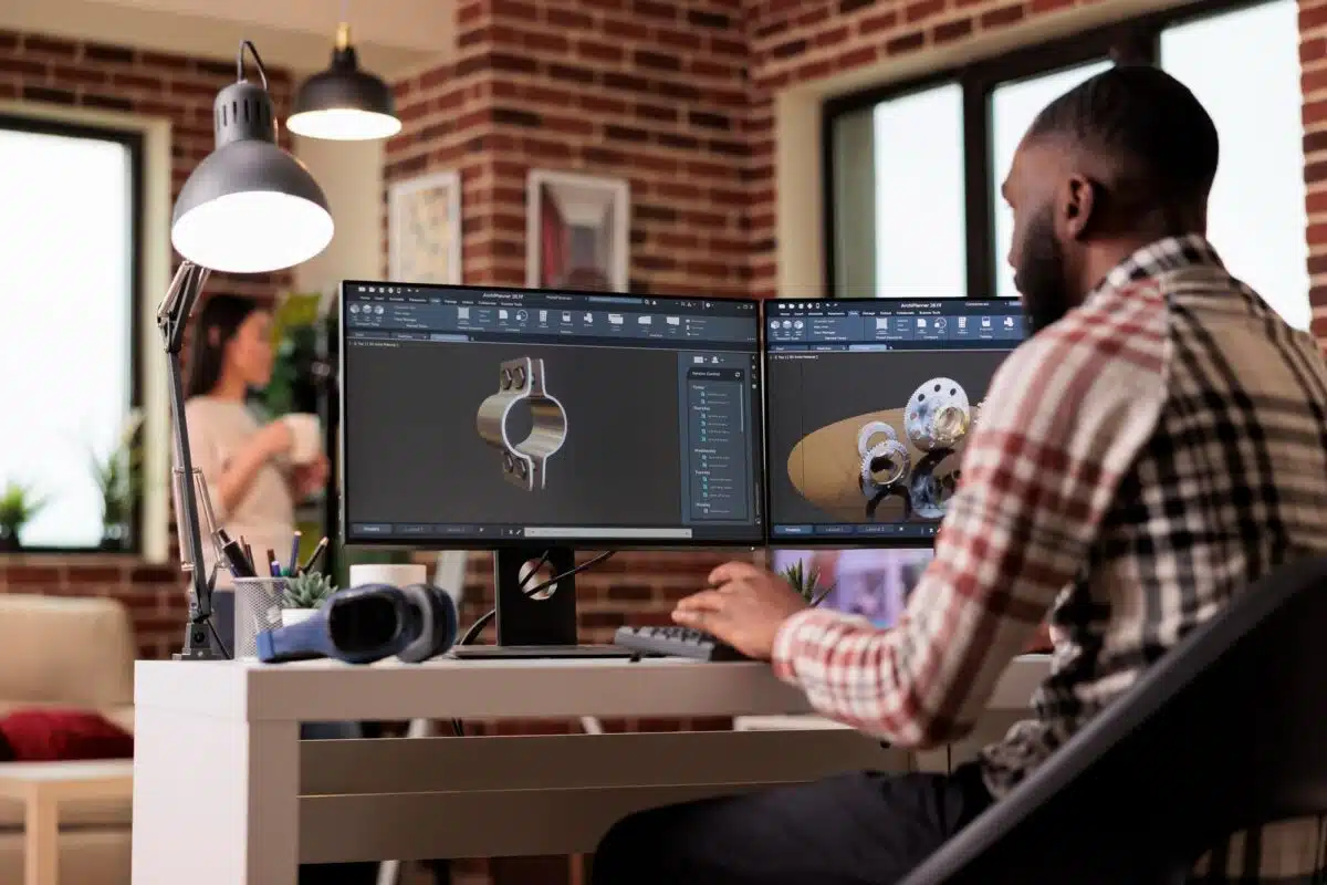 Software CAD aplicado ao desenvolvimento de projetos técnicos Profissional trabalhando em software CAD com modelos técnicos em dois monitores