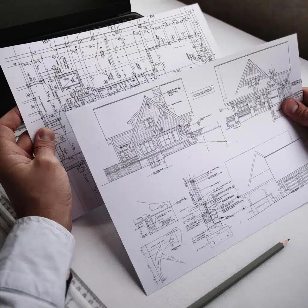 Desenhos técnicos que podem ser desenvolvidos e documentados em AutoCAD Plantas, fachadas e detalhes técnicos impressos de um projeto arquitetônico