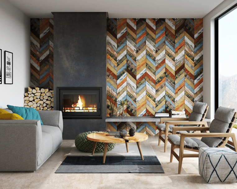 5 Tipos de Revestimento para Sala e Como Escolher 12 Revestimento para sala: Chevron Colorido imita madeira e pode ser usado em todas as dependências residenciais – Foto: Ceusa