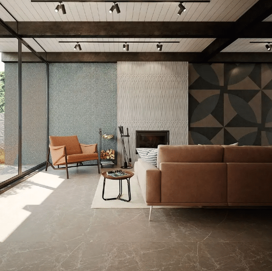 7 Ideias para Decorar com Sofá Marrom 10 Porcelanatos amadeirados ou com acabamentos cimentício combinam com o sofá marrom – Foto: Ceusa