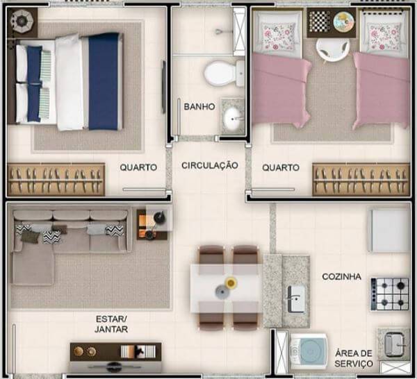 Projetos de Casas Simples: Dicas e Ideias para Construir com Economia e Estilo 2 Plantas de casas simples com 2 quartos – Por: Meu Apê