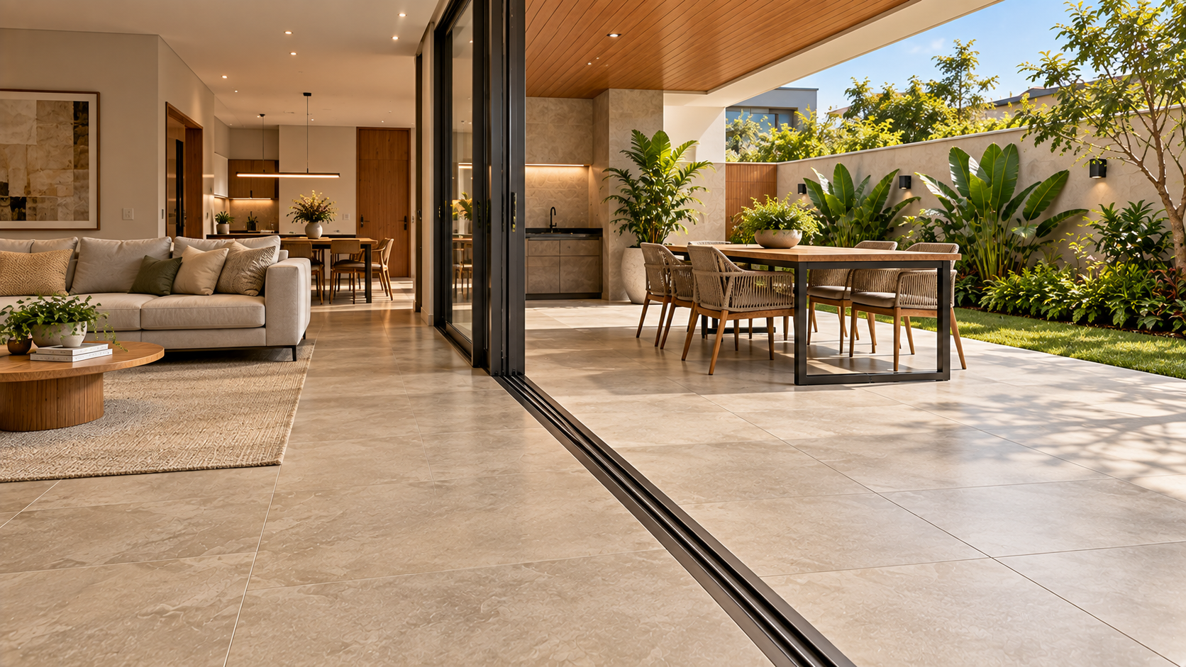 Porcelanato para Área Externa: Como Escolher para Quintal, Varanda e Piscina 7 Porcelanato em varanda coberta integrada à sala de residência brasileira contemporânea