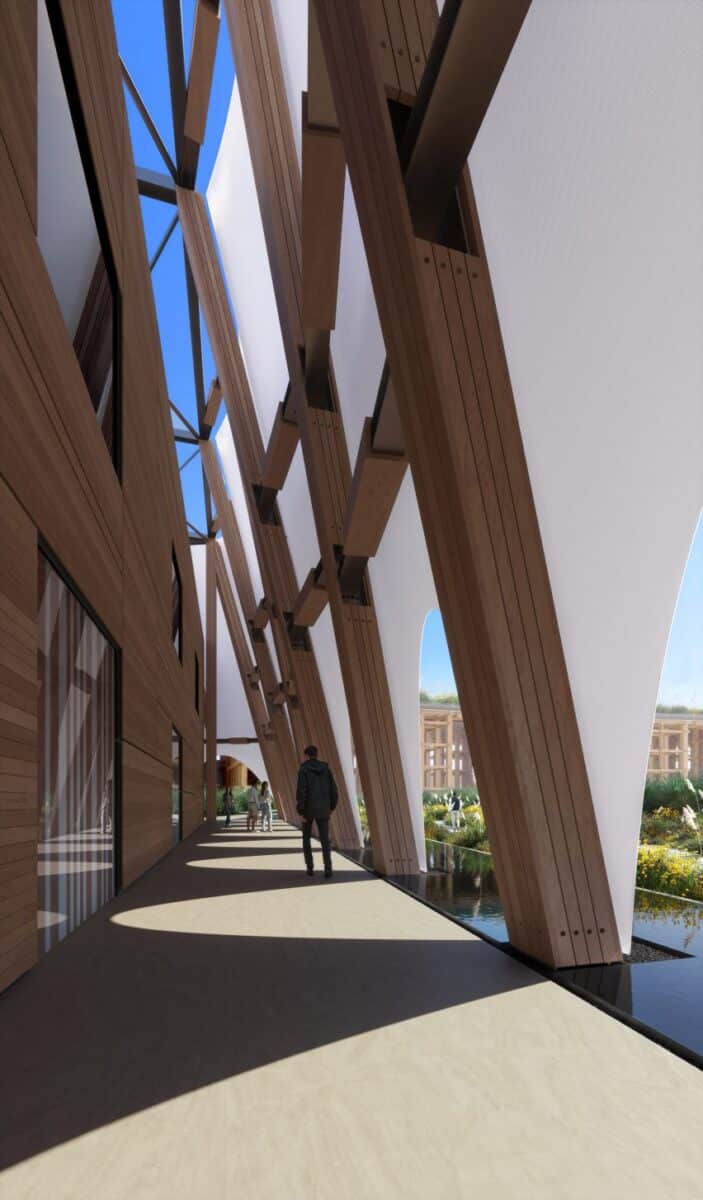 5 soluções criativas para o Pavilhão do Catar na Expo Osaka. 3 Caminho externo do Pavilhão do Qatar, com aberturas arqueadas na estrutura que proporcionam vistas do espaço.