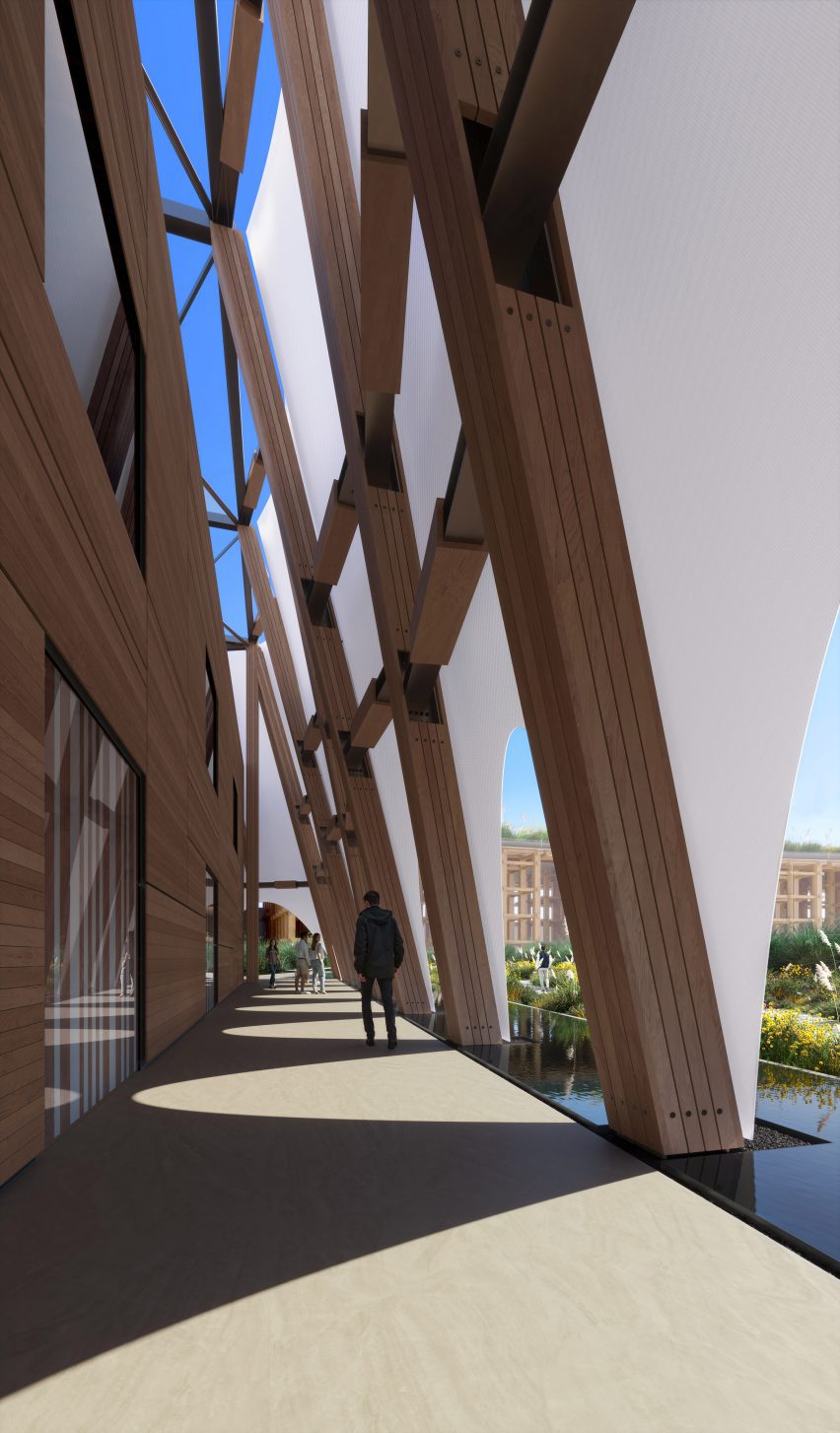 5 soluções criativas para o Pavilhão do Catar na Expo Osaka. 3 Caminho externo no Pavilhão, com aberturas arqueadas no teto proporcionando vistas do espaço interior.