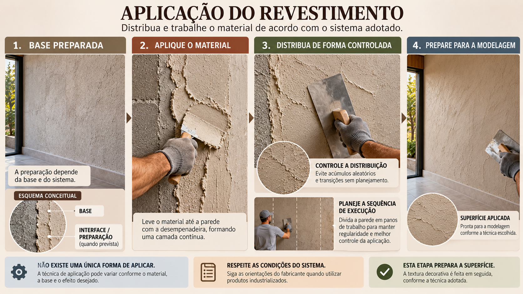 Reboco Grego: Como Fazer Passo a Passo e Evitar Erros 14 Sequência ilustrada da aplicação de revestimento texturizado em parede preparada antes da modelagem do reboco grego