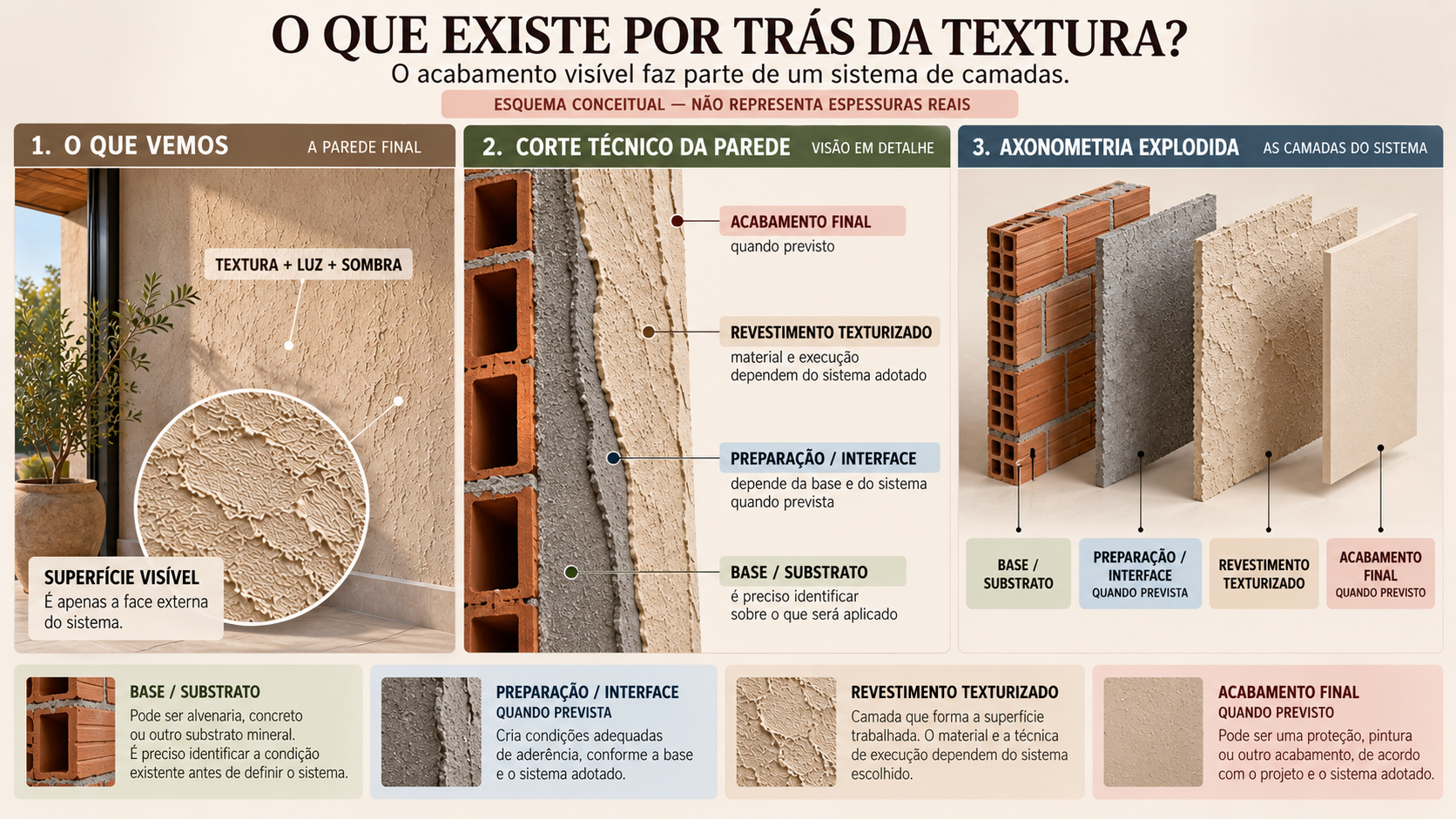 Reboco Grego: Como Fazer Passo a Passo e Evitar Erros 16 Corte técnico conceitual das camadas de uma parede com acabamento texturizado tipo reboco grego