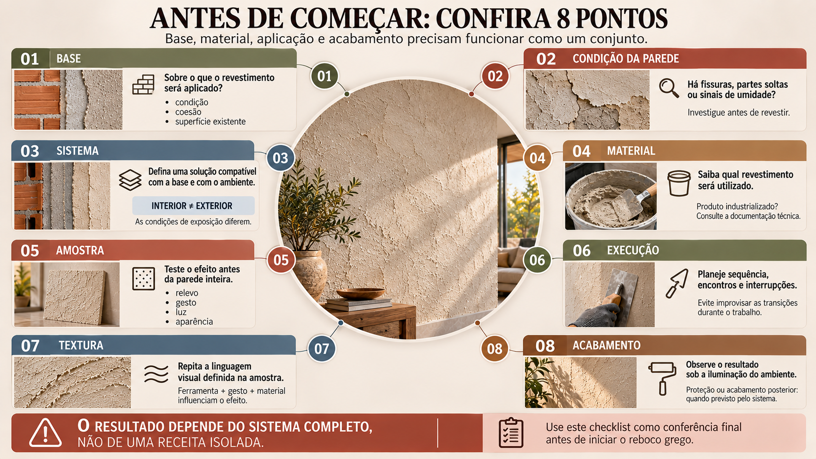 Reboco Grego: Como Fazer Passo a Passo e Evitar Erros 18 Checklist técnico dos pontos que devem ser avaliados antes de executar uma parede com efeito de reboco grego