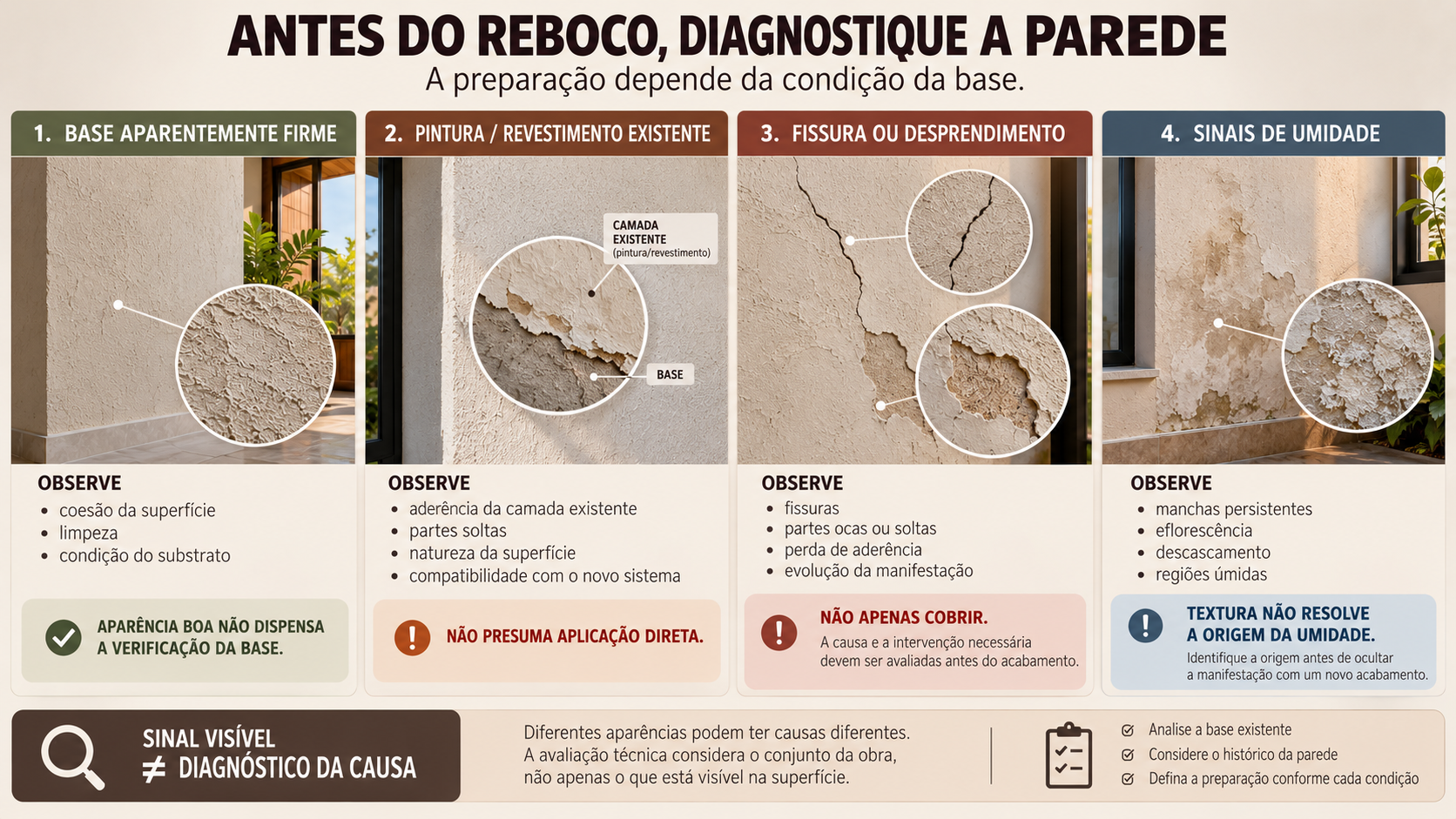 Reboco Grego: Como Fazer Passo a Passo e Evitar Erros 11 Infográfico comparando parede firme, pintura existente, fissura e sinais de umidade antes da aplicação do reboco grego