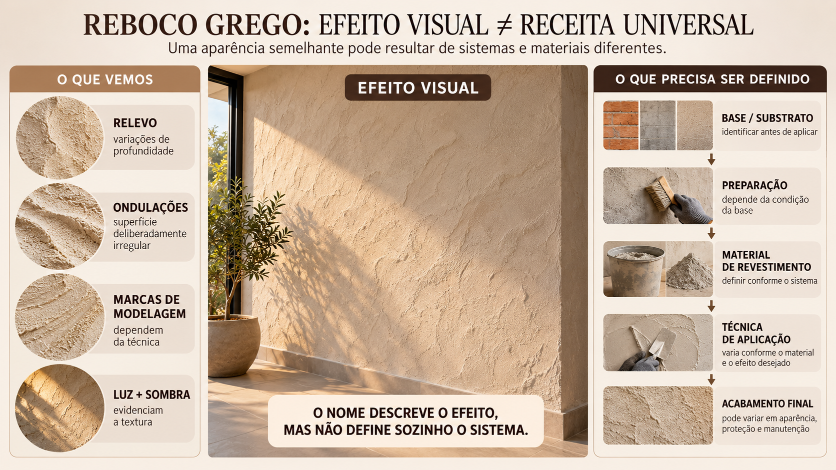 Reboco Grego: Como Fazer Passo a Passo e Evitar Erros 10 Infográfico explicando que o efeito visual do reboco grego não corresponde a uma receita universal de argamassa