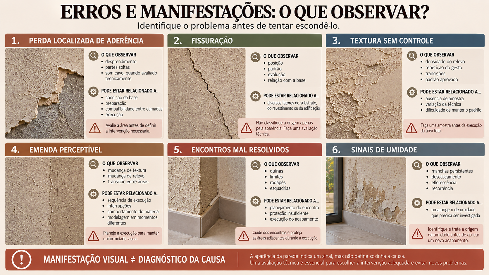 Reboco Grego: Como Fazer Passo a Passo e Evitar Erros 17 Infográfico mostrando manifestações que podem aparecer em parede com revestimento texturizado e pontos que devem ser investigados