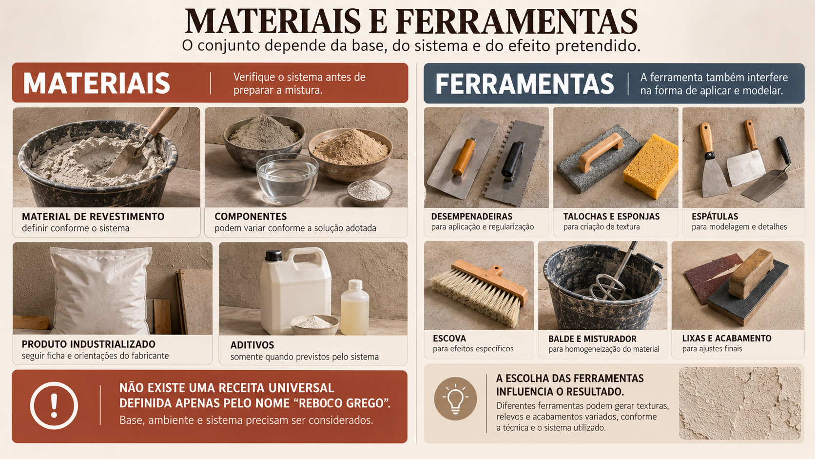 Reboco Grego: Como Fazer Passo a Passo e Evitar Erros 12 Prancha com materiais e ferramentas possíveis para execução de parede com efeito de reboco grego