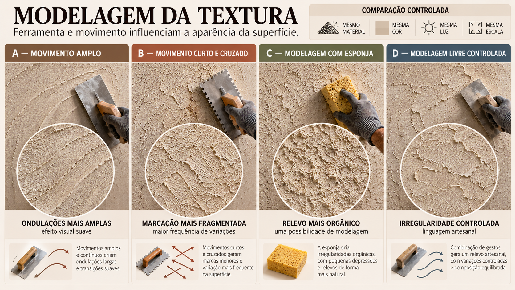 Reboco Grego: Como Fazer Passo a Passo e Evitar Erros 15 Comparação de quatro formas de modelagem e seus diferentes efeitos visuais em parede com reboco grego