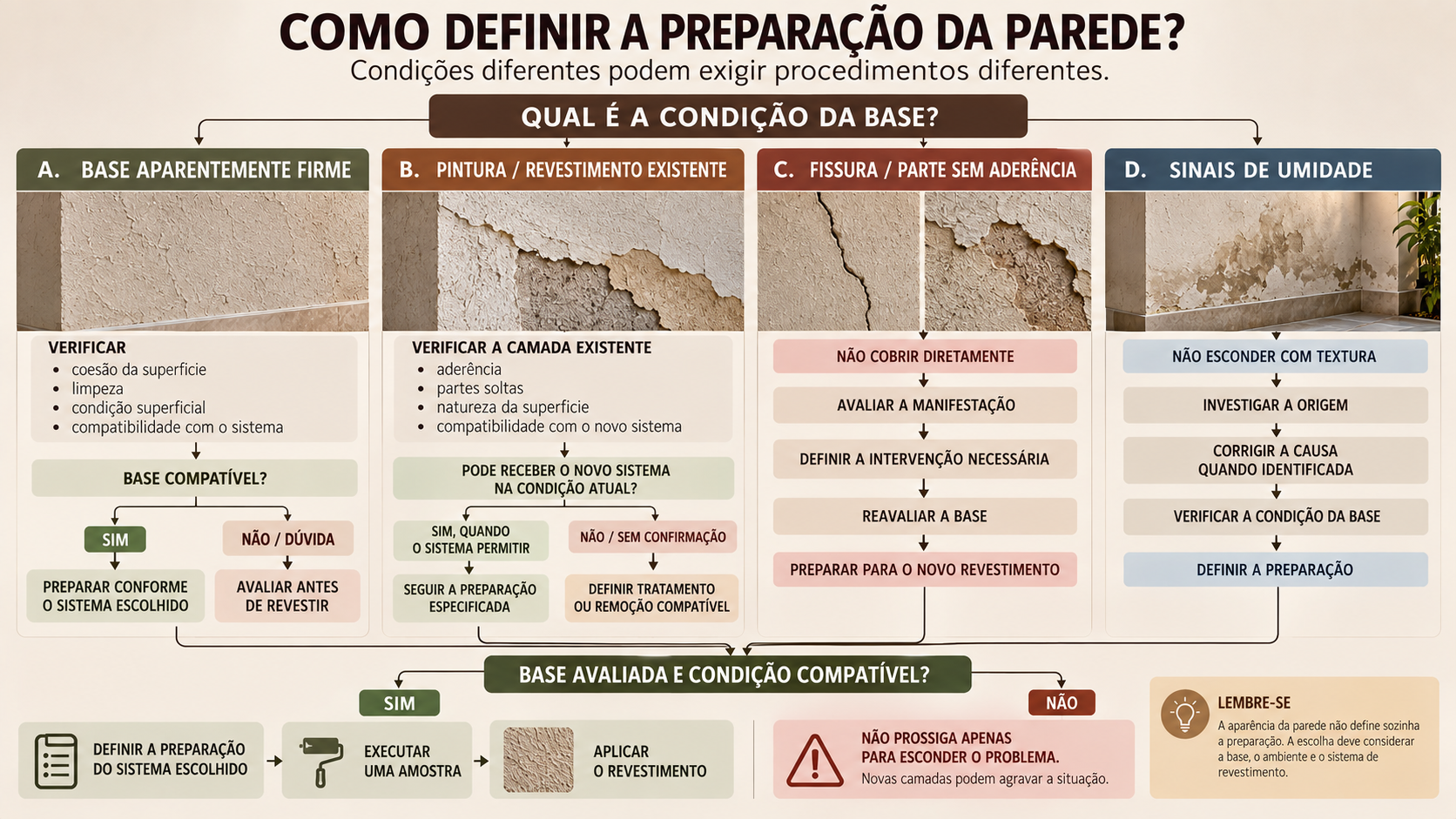 Reboco Grego: Como Fazer Passo a Passo e Evitar Erros 13 Fluxograma de preparação da parede conforme a condição da base antes da aplicação do reboco grego