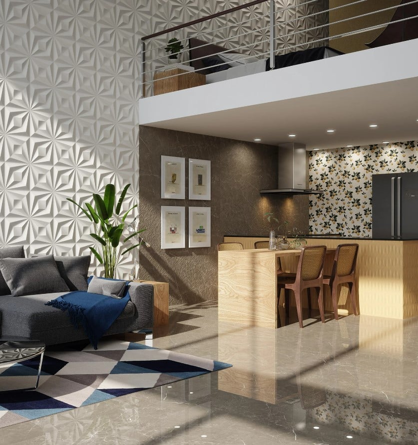5 Dicas para Escolher Sofá Retrátil e Modelos Inspiradores 7 O azulejo Drapeado Branco na parede + Toronto Polido no piso – Foto: Ceusa